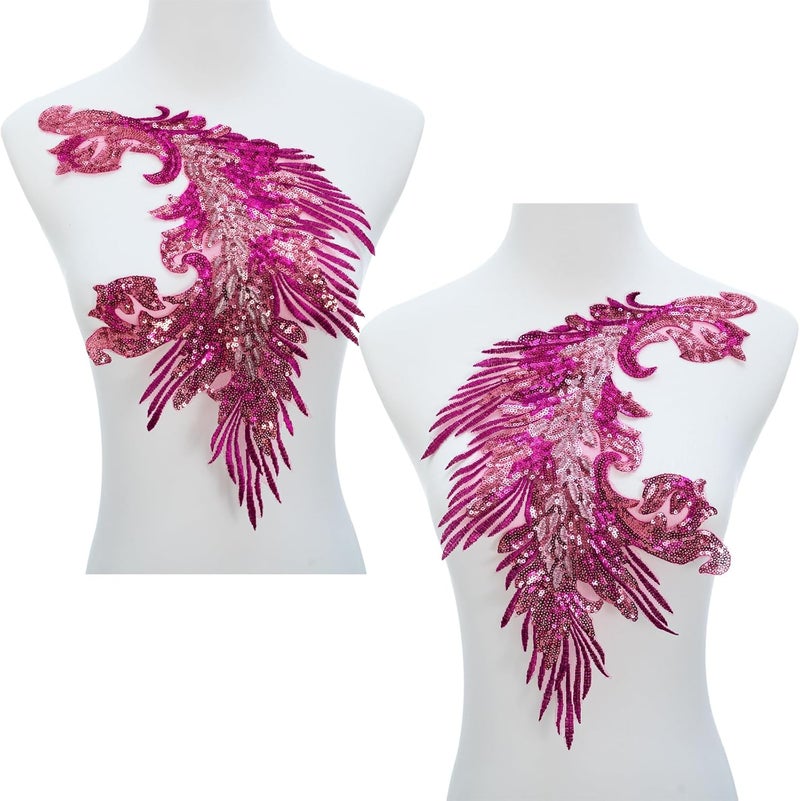Silvora Pair Embroidery Phoenix Costume Sequin Appliques Patches, Peacock Feather Tail Applique Embellishments for Dance Dresses,Clothes,T-Shirt，Neckline Bodice Pants (Rose red) - Image 2